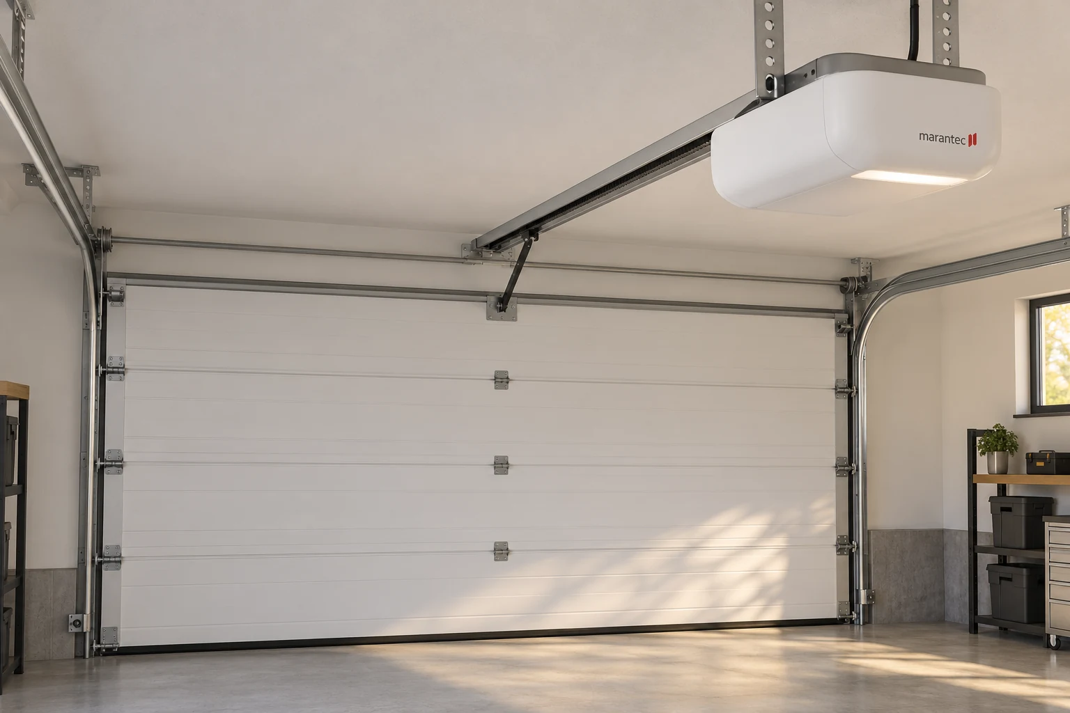 Illustration of a ceiling-mounted Marantec garage door opener
