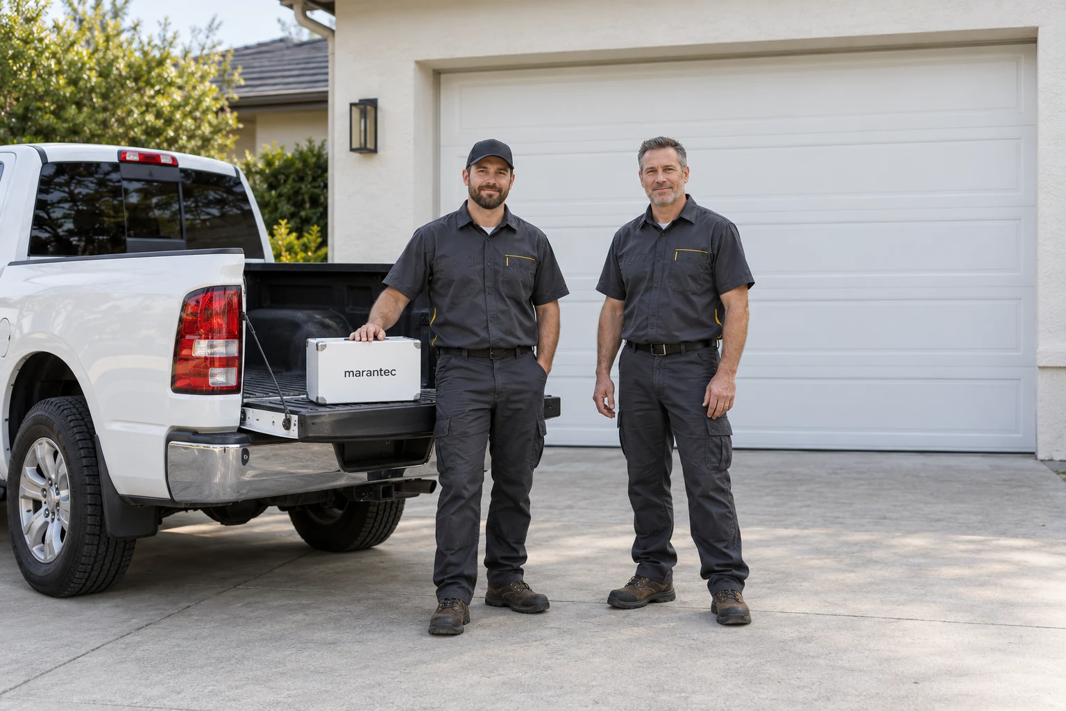 Two garage door technicians beside a service pickup outside a closed garage.